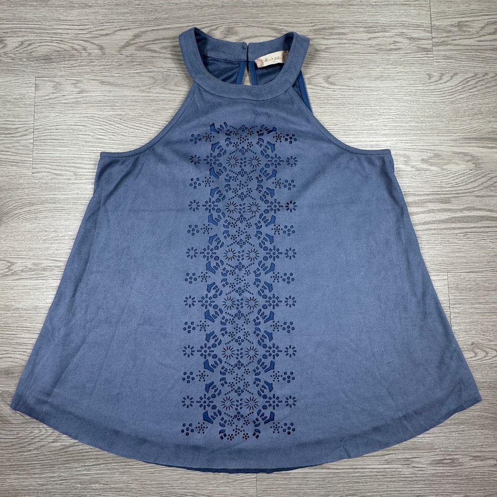 Altar'd State Women's Tank Top Faux Suede Laser Cut Halter Blue Small Boho